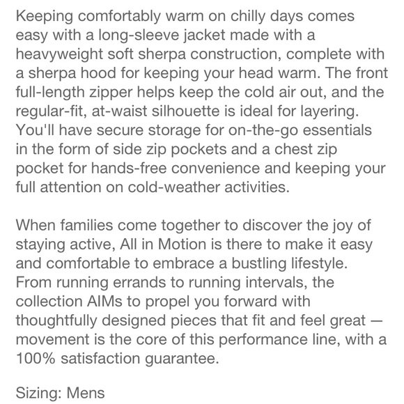 All in Motion Men’s Sherpa Fleece Full zip jacket sweatshirt size S black nwt - Picture 8 of 8